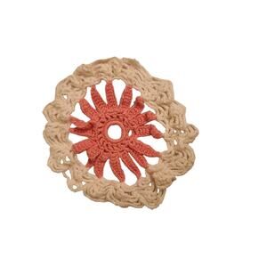 VTG HAND CROCHETED 5" DOILY PINK WHITE GREEN WHEEL SUN STAR